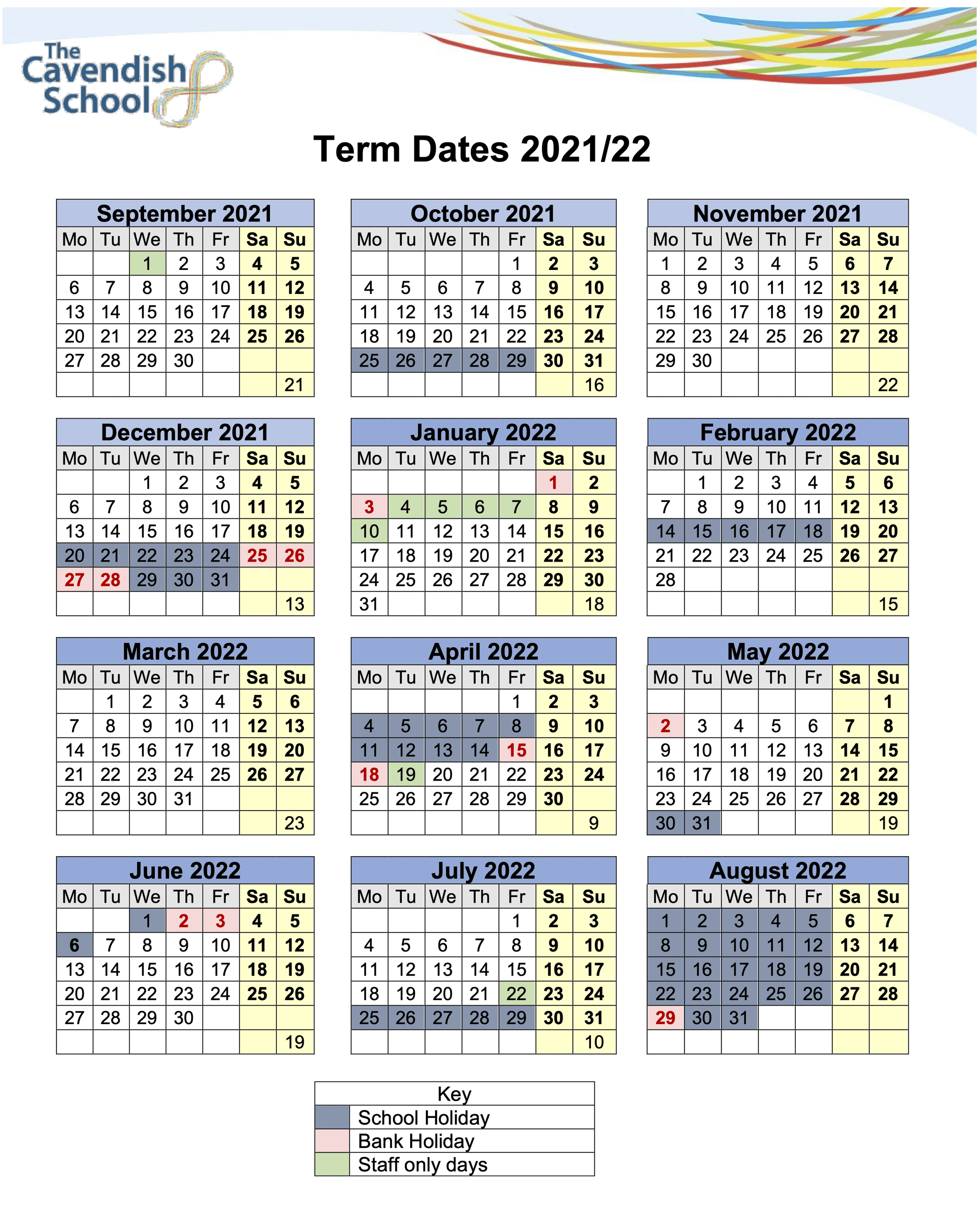Term dates calendar for The Cavendish school