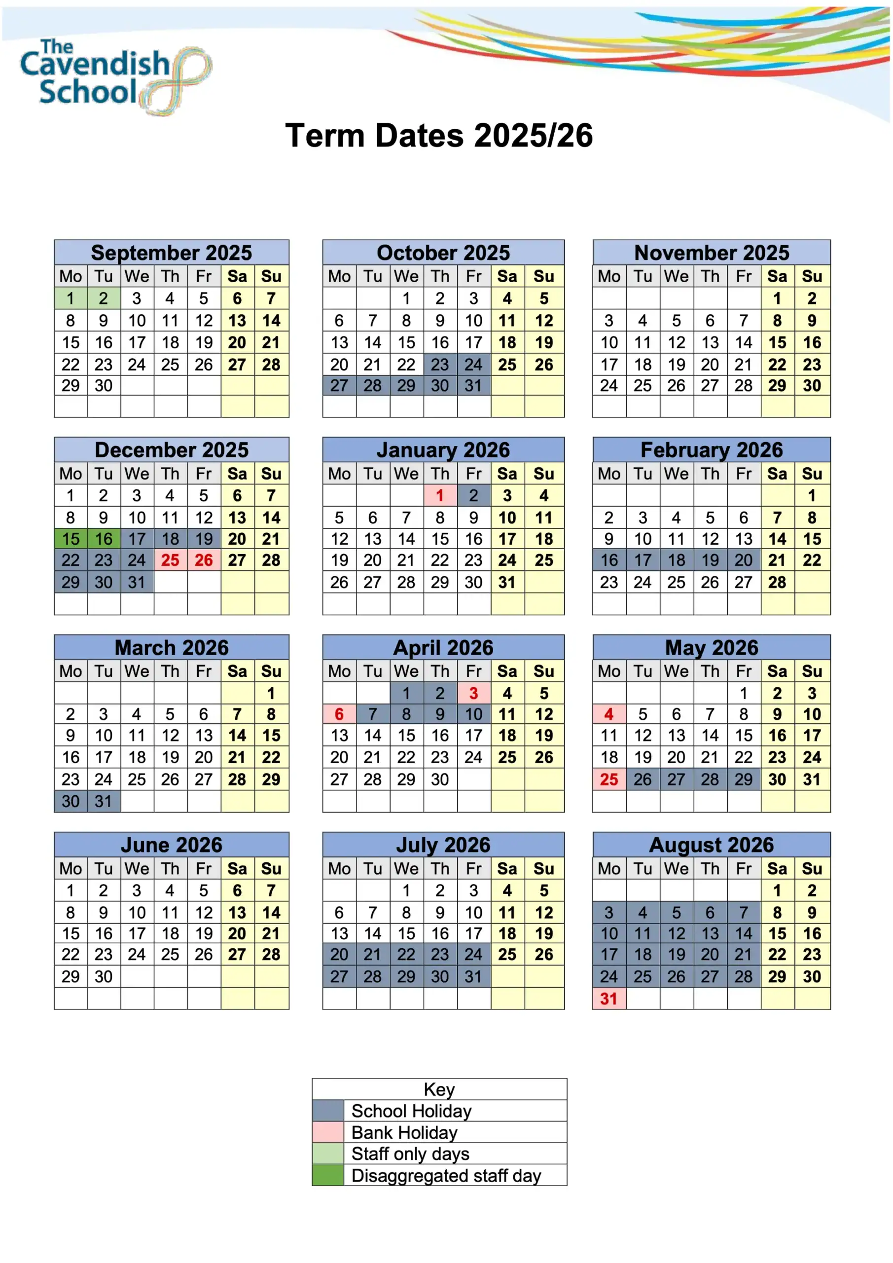 Term dates calendar for The Cavendish school
