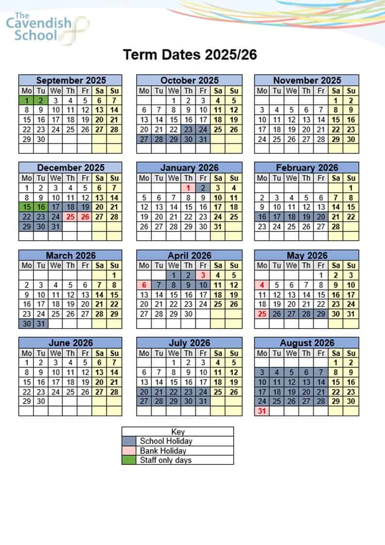 Term dates calendar for The Cavendish school